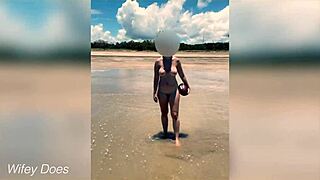 Wife dares to strip nude for public beach football game.