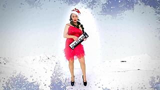 Curvy secretary in stockings helps Santa spread cheer