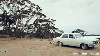 What sins does this voyeur commit while masturbating in nature, in a car, with hairy australian climax?