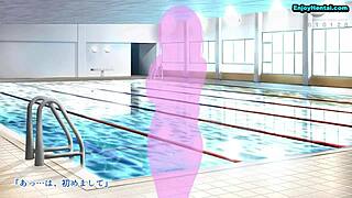 Bold swimming instructor in anime hentai worried about her big breast size