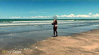 Wife dares to strip nude for public beach football game.