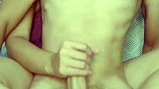 Teen babe strokes massive cock for explosive morning cumshot