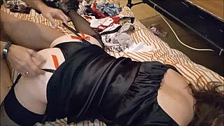 French Whore Dominates in Satin Lingerie with Wild Blowjob and Spanking