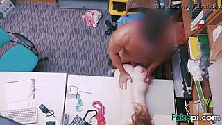 This doll-like teen gets bareback fucked on the table by her fake shop manager.