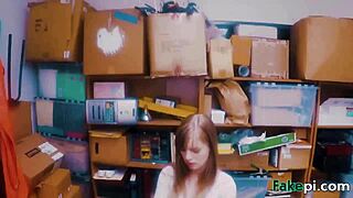 This doll-like teen gets bareback fucked on the table by her fake shop manager.