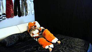 Sexy fox lady in beige pantyhose, solo play with a dildo