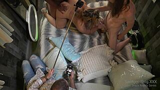 hot swinger babe gives bj and gets her cunt smashed in 3some.