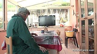 Nice-titted French brunette gets banged hard by a voyeur papy in wild German action. This young babe takes it rough from the old guy outdoors.