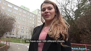 Russian shaven pussy drilled for cash in public spot