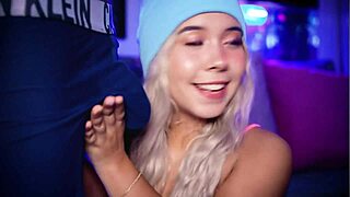 Blonde college cutie teases boyfriend over boxers