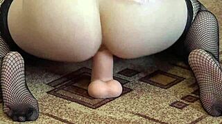 anal play with big dildo, brunette stocking babe pounds butt