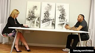 this office cougar sara jay bent over to milk her co-worker’s hard cock. she got every drop of cum in heels!