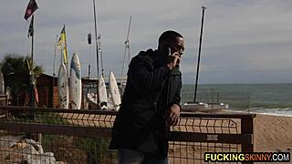 beautiful blonde teen toys with big black dick on sunny beach. she loves sucking it hard