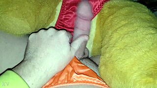 In satin panties, she receives a cumshot from Simba in maledom scene