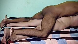 Rough homemade fuck with hairy housewife, small waist, and cum dripping on neighbor's bhabhi after banging.