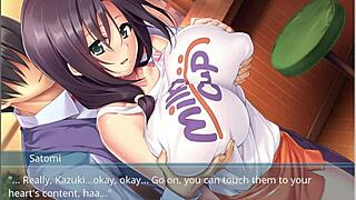 Step mother and step sister in wet t-shirt with huge tits in anime game