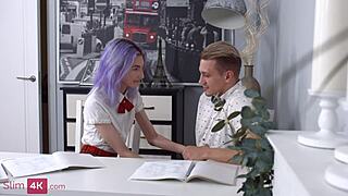 Mia Cheers Takes Two Cocks in Skinny Purple-Haired Teen Double Penetration