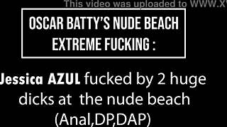 Wow, Jessica Azul takes two monster cocks at the nude beach! 🏖️