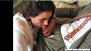 Crazed brunette in skirt gives blowjob and gets assfucking with spanking