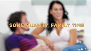 Busty stepmom Reagan Foxx sneaks quick sex with stepson.