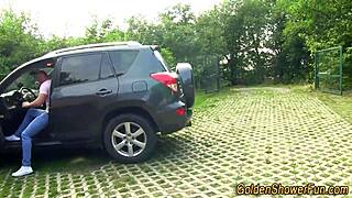 Golden shower whore craves outdoor jizz on her face