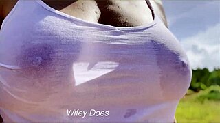 Sexy milf public exhibitionist dare - wet shirt in public and lets stranger pour water on her braless boobs