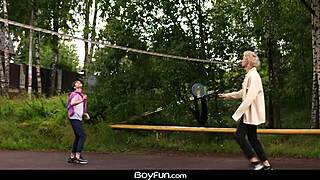 Outdoor blowjob turns into an indoor twink bareback anal session.