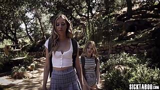 Haley and Coco are sucking that guy's big cock after lesbian muff diving