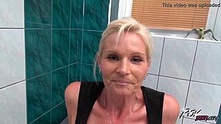 Mature maid in uniform exposes her pretty cunt and gets cumshot from boss by the pool.