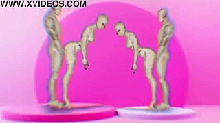 Twins bang hot girls in wild cartoon action scene