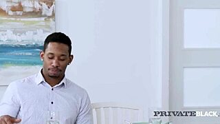 Blue eyed brunette uses 2 hands on big black cock in kitchen cowgirl riding