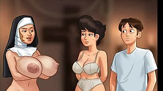 In the summertime saga, a church milf gets caught masturbating with a police baton in her bikini.