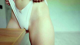 Rubbing Table Leads to Cumming in Panties On and Off Jeans with Shaved Pussy Orgasm in Hentai Style