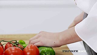 Blue eyed brunette uses 2 hands on big black cock in kitchen cowgirl riding