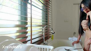 Asian Babe Bent Over for Pussy Fucking and Creampie While Washing Dishes