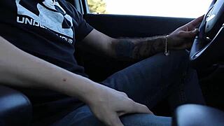 while driving, my stepsister surprised me with a handjob leading to a public cumshot.