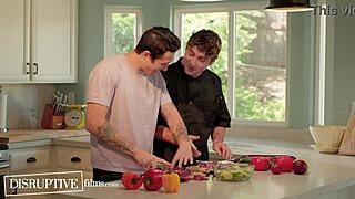 Jock's cooking lesson turns to raw gay deepthroat action.