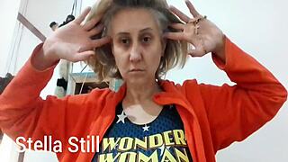 Blonde milf Stella Still squirts massively during solo video call with big tits bouncing