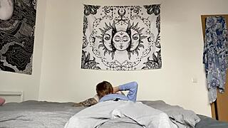 fucked the tight ass of a sweet twink on the bed in bdsm