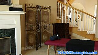 Cougar masseuse gets pussy licked while sucking cock during voyeur spying