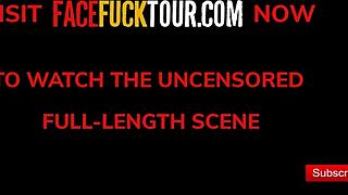 This horny brunette slut gags on a massive cock hard