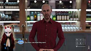 Cartoon babe with big tits working at bar