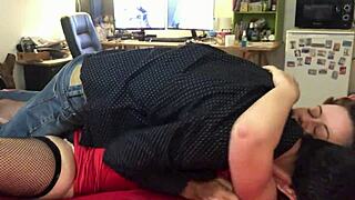 White milf in red satin dress drilled doggy style. Black panties and heels add extra spice.