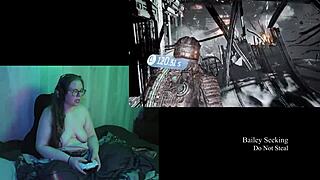 naked brunette bbw plays deadspace part 2 with big natural tits!