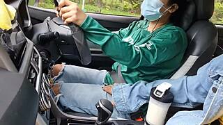 A romantic encounter in a car with an Asian grab driver and his passenger
