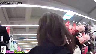 The cute brunette teen with small tits fucks in the shop.