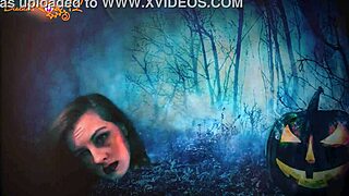 The brunette milf in fishnets gives head to the halloween monster.