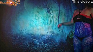 The brunette milf in fishnets gives head to the halloween monster.