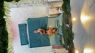 monika fox chilling naked on the bed, showing off her fake tits