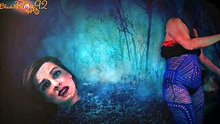 The brunette milf in fishnets gives head to the halloween monster.